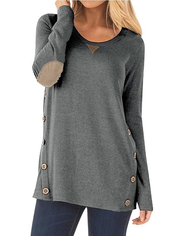 Seindeal Soild Buttons Round Neck Long Sleeve Casual T-Shirt