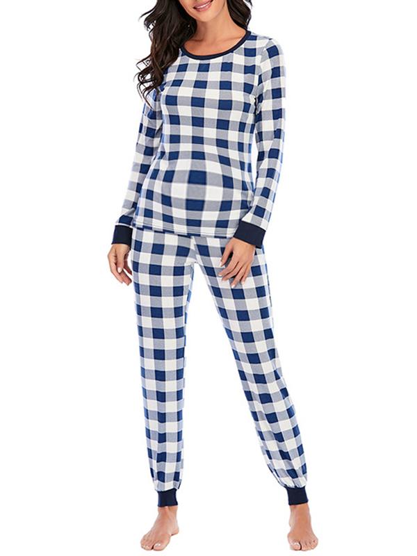 Buffalo Plaid Round Neck Long Sleeve Maternity Long Pajama Set